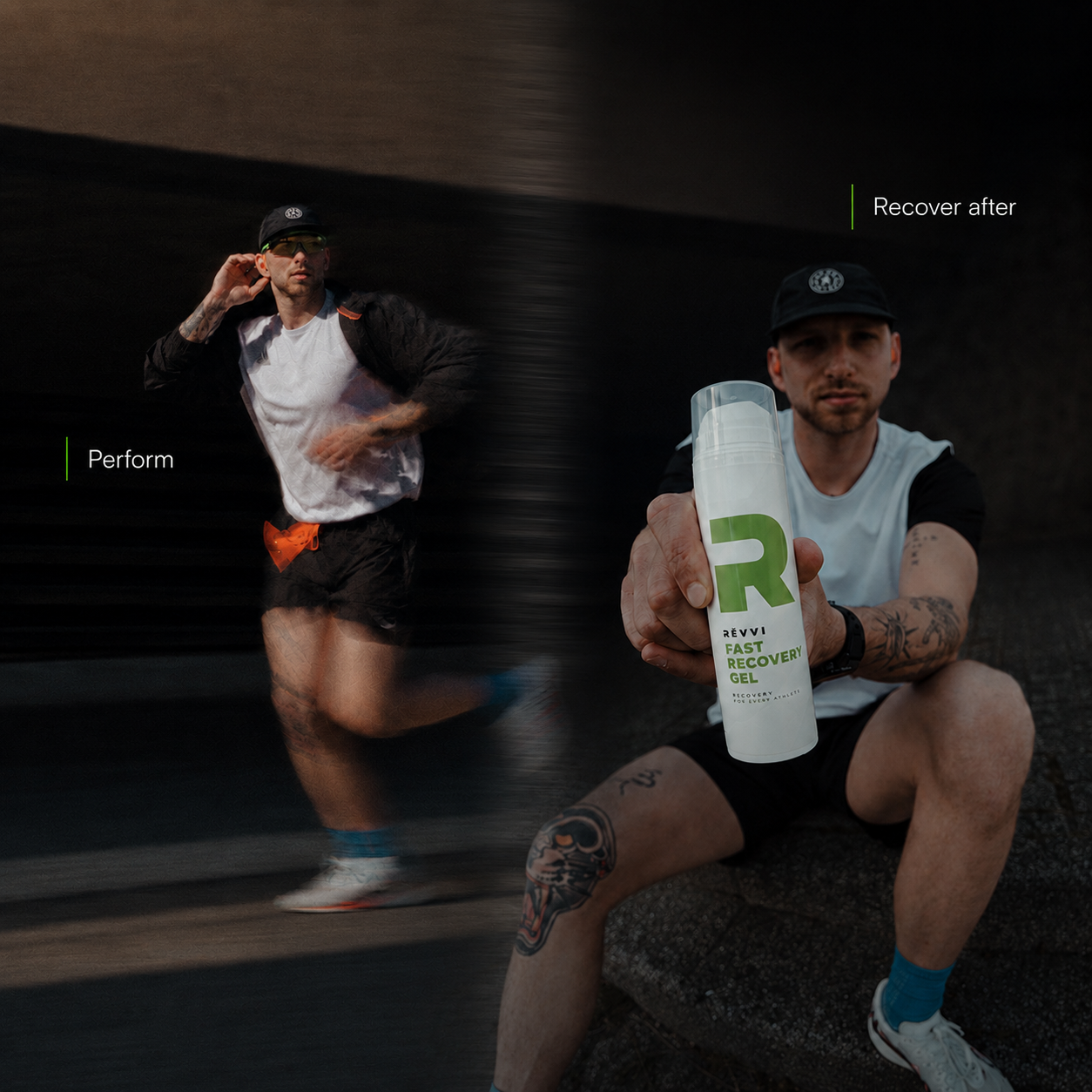 RÉVVI Fast Recovery Gel campagnevisual met een rennende sporter en product in beeld, gericht op sportieve prestaties en herstel na inspanning.