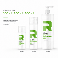 RÉVVI Fast Recovery Gel available in 100 ml, 200 ml and 500 ml, shown as three white product bottles on a light background with green accents for post-workout recovery.