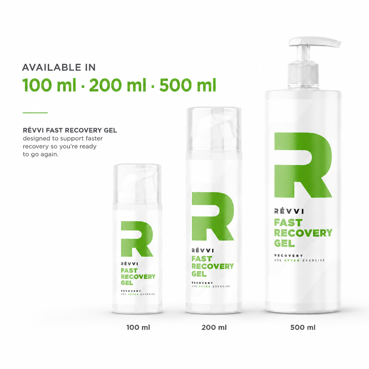 RÉVVI Fast Recovery Gel available in 100 ml, 200 ml and 500 ml, shown as three white product bottles on a light background with green accents for post-workout recovery.